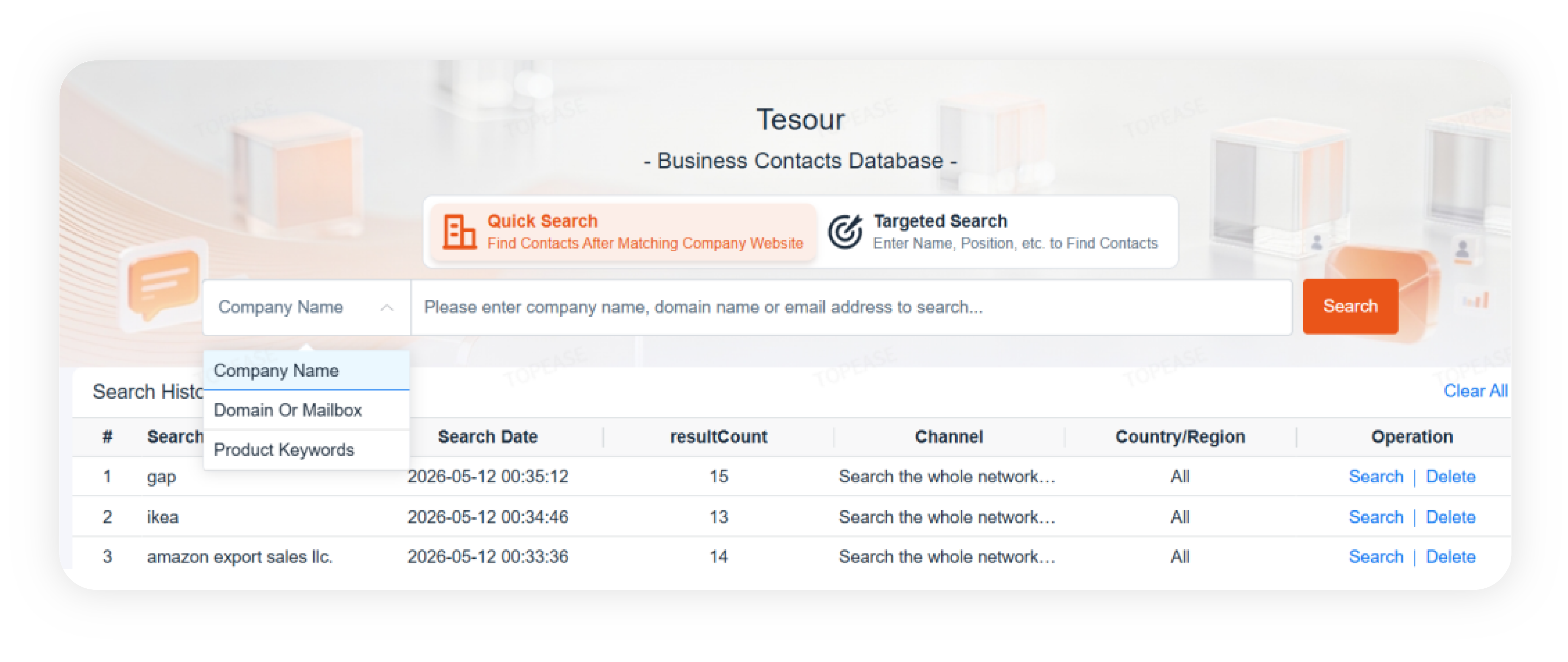Business contacts database search interface